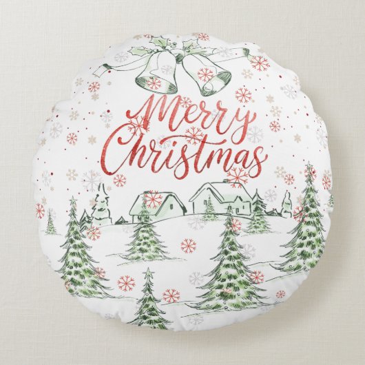 Merry Christmas Red and Green Snowy Trees ラウンドクッション (正面)