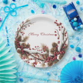 Merry Christmas Red Berries Pine Cones Snow ペーパープレート (パーティー)