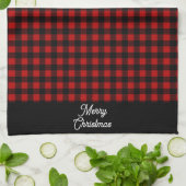Merry Christmas Red & Black Buffalo Plaid キッチンタオル (折り畳み)