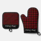 Merry Christmas Red & Black Buffalo Plaid 鍋つかみ&鍋敷きセット (正面)