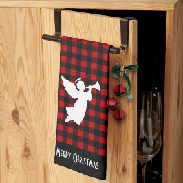 Merry Christmas Red & Black Buffalo Plaid Angel キッチンタオル