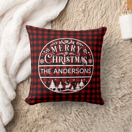 Merry Christmas Red & Black Plaid Custom Name クッション (ブランケット)