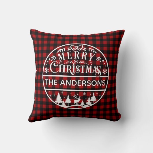 Merry Christmas Red & Black Plaid Custom Name クッション (裏面)