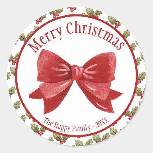 Merry Christmas Red Bow Botanical Berries ラウンドシール (正面)