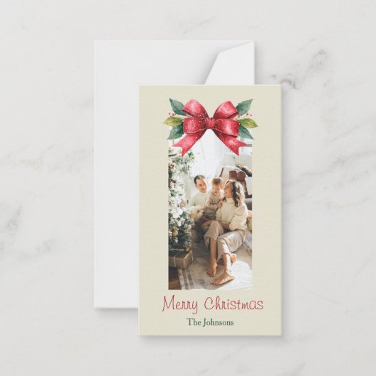 Merry Christmas Red Bow Personalized Photo Card ノートカード (正面)