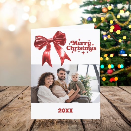 Merry Christmas red bow photo year in review card シーズンカード