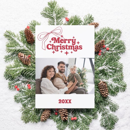 Merry Christmas red bow retro photo card シーズンカード