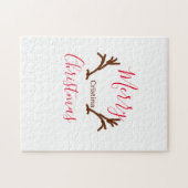 Merry Christmas red brown reindeer horn holiday te ジグソーパズル (横)