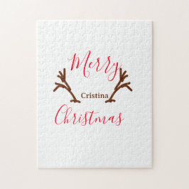Merry Christmas red brown reindeer horn holiday te ジグソーパズル