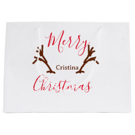 Merry Christmas red brown reindeer horn holiday te ラージペーパーバッグ