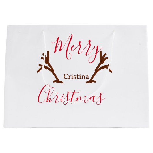Merry Christmas red brown reindeer horn holiday te ラージペーパーバッグ (正面)