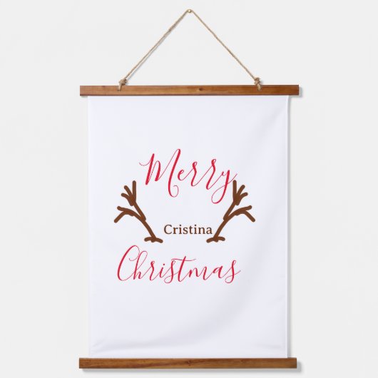Merry Christmas red brown reindeer horn holiday te 吊り下げ型タペストリー (正面)
