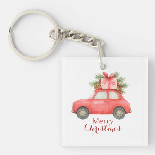 Merry Christmas Red Car – Personalized Holiday キーホルダー (正面)