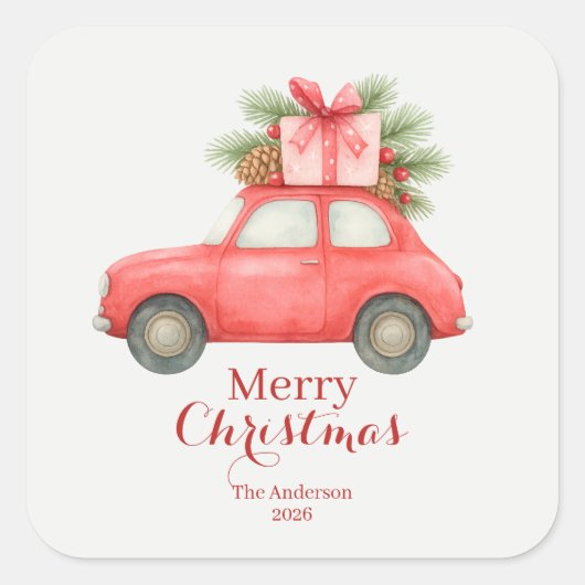 Merry Christmas Red Car – Personalized Holiday スクエアシール (正面)