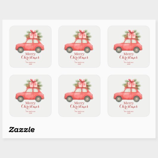Merry Christmas Red Car – Personalized Holiday  スクエアシール (シート)