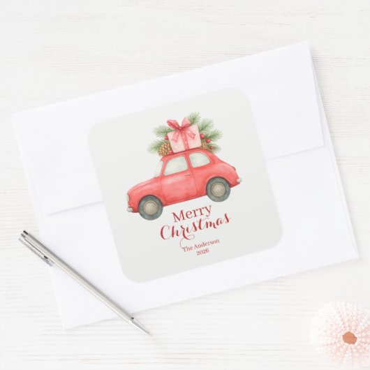 Merry Christmas Red Car – Personalized Holiday  スクエアシール (封筒)