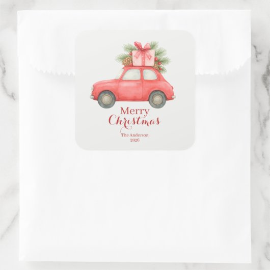 Merry Christmas Red Car – Personalized Holiday  スクエアシール (バッグ)