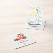 Merry Christmas Red Car – Personalized Holiday スクエアペーパーコースター (インサイチュ)