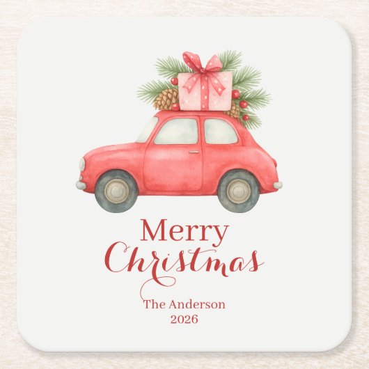 Merry Christmas Red Car – Personalized Holiday スクエアペーパーコースター (正面)
