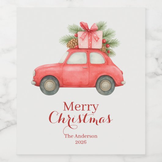 Merry Christmas Red Car – Personalized Holiday  ワインラベル (シングルラベル)