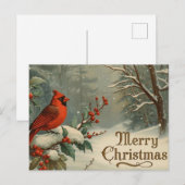Merry Christmas Red Cardinal and Winter Berries  シーズンポストカード (正面/裏面)