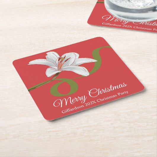 Merry Christmas Red Floral Name Paper Coaster スクエアペーパーコースター (アングル)