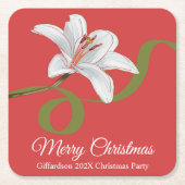 Merry Christmas Red Floral Name Paper Coaster スクエアペーパーコースター (正面)