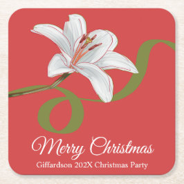 Merry Christmas Red Floral Name Paper Coaster スクエアペーパーコースター