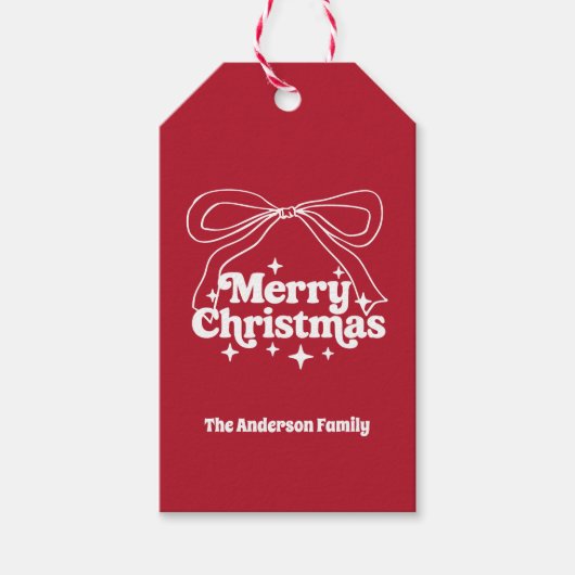 Merry Christmas red hand-drawn bow retro ギフトタグ (正面)