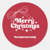 Merry Christmas red hand-drawn bow retro ラウンドシール (正面)