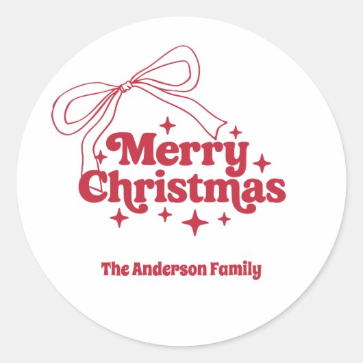 Merry Christmas red hand-drawn bow retro ラウンドシール (正面)