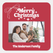 Merry Christmas red hand-drawn bow retro photo スクエアシール (正面)