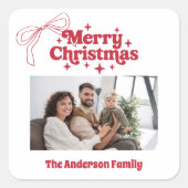 Merry Christmas red hand-drawn bow retro photo スクエアシール (正面)