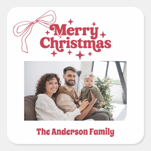 Merry Christmas red hand-drawn bow retro photo スクエアシール (正面)