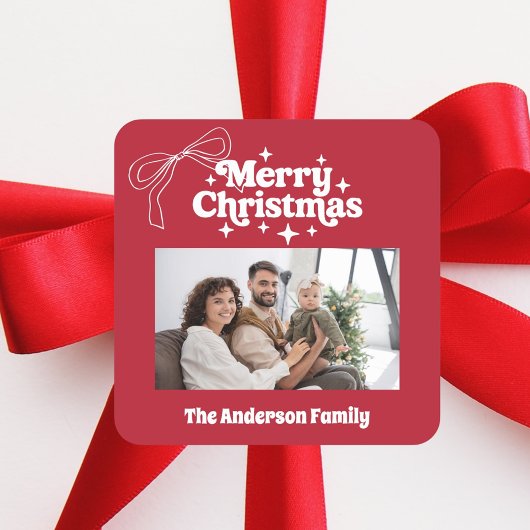 Merry Christmas red hand-drawn bow retro photo スクエアシール