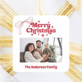 Merry Christmas red hand-drawn bow retro photo スクエアシール