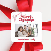 Merry Christmas red hand-drawn bow retro photo スクエアシール