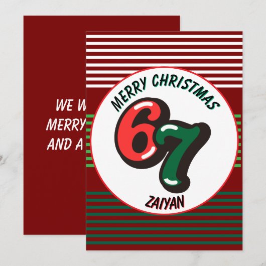 Merry Christmas Red Numbers 6 & 7 Custom Name シーズンカード (正面/裏面)
