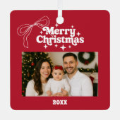 Merry Christmas red photo bow hand-drawn retro メタルオーナメント (正面)