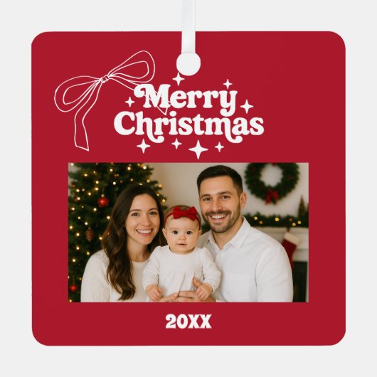 Merry Christmas red photo bow hand-drawn retro メタルオーナメント (正面)
