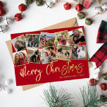 Merry Christmas Red Photo Collage 箔シーズンカード<br><div class="desc">Elegant christmas holiday gold foil card featuring a classic red background,  a 10 square photo collage capturing memories throughout the year,  the seasons greetings 'merry christmas',  family name,  and the year.</div>