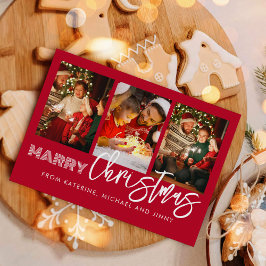 Merry Christmas Red Photo Collage Family Card シーズンカード