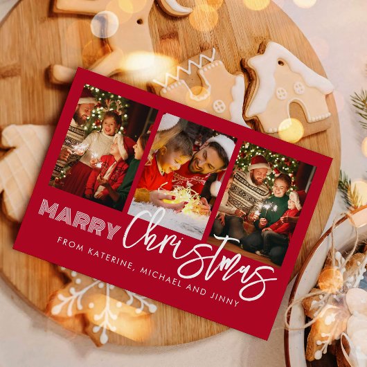 Merry Christmas Red Photo Collage Family Card シーズンカード