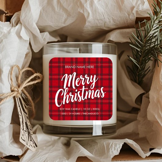 Merry Christmas Red Plaid Candle Sticker | Holiday スクエアシール