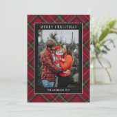 Merry Christmas Red Plaid Tartan Photo シーズンカード (スタンド正面)