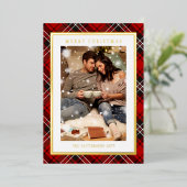 Merry Christmas Red Plaid Tartan Photo 箔シーズンカード (立ち正面)
