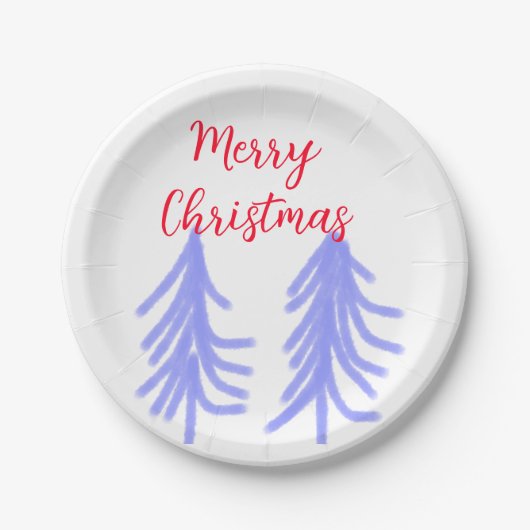 Merry Christmas red purple pastel pine tree waterc ペーパープレート (正面)
