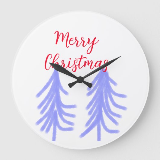Merry Christmas red purple pastel pine tree waterc ラージ壁時計 (正面)