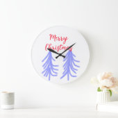 Merry Christmas red purple pastel pine tree waterc ラージ壁時計 (ホーム)
