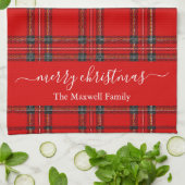 Merry Christmas red tartan plaid script name キッチンタオル (折り畳み)